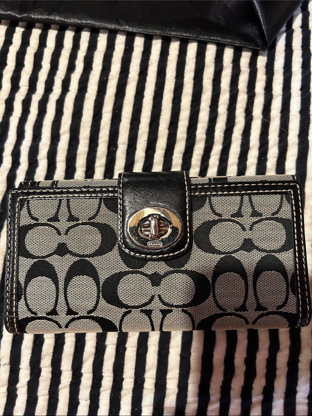 Coach Black and Khaki Signature Turnlock Wallet